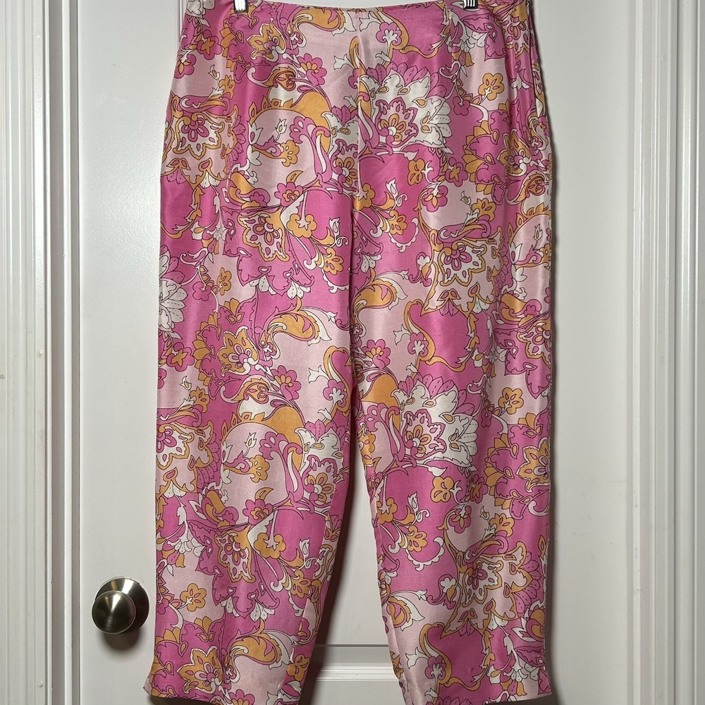 Sunny Leigh 100% Silk Pink Paisley Wide Leg Capriā Pants Pucci Inspired Style